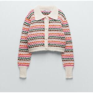 Zara | Rainbow Striped Collared Chunky Knit Cardigan | Size Small